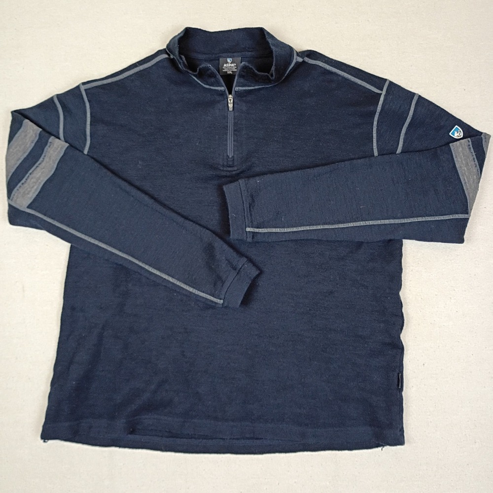 Kuhl Mens XXL Navy Blue 100% Merino Wool Quarter Zip Pullover Sweater Stripes